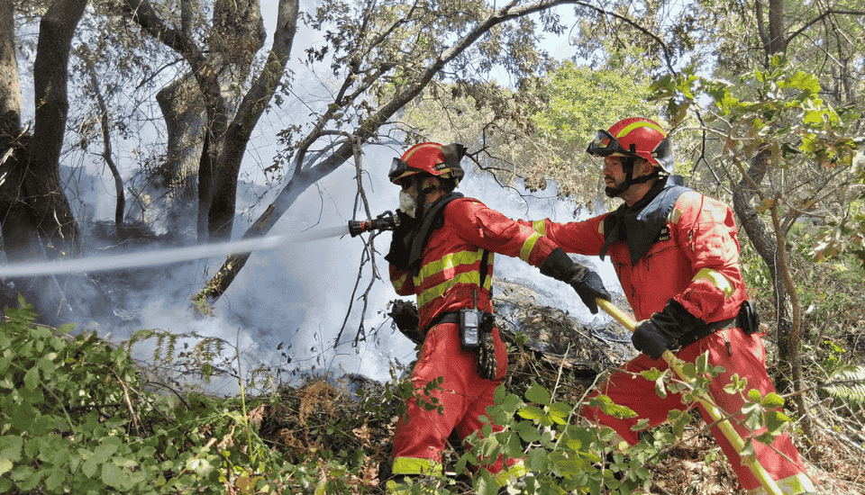 Dos bomberos de la UME apagando el fuego en Aliseda Jarilla, Cáceres.